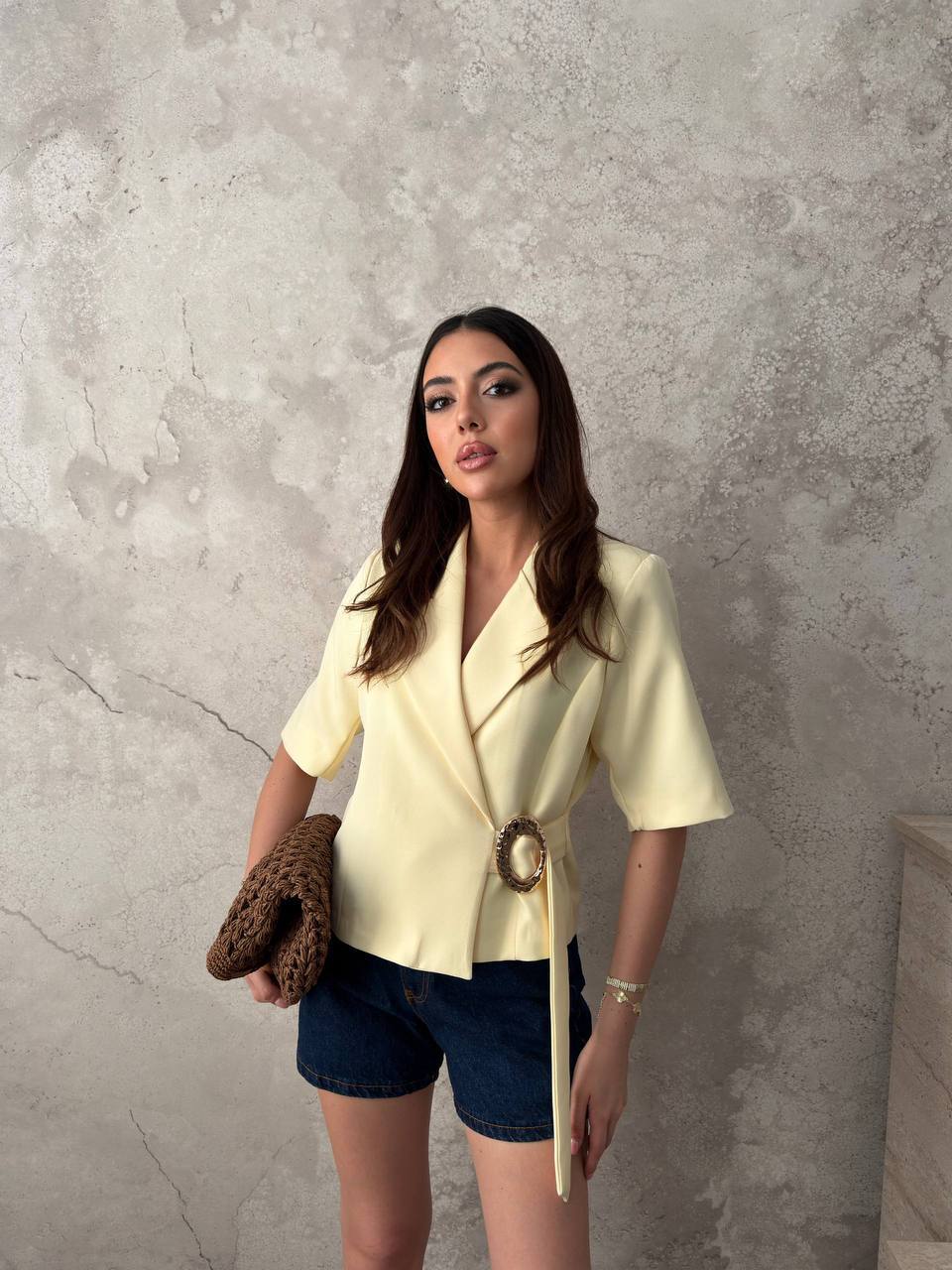 Tokalı Kısa Kollu Blazer Ceket - Sarı