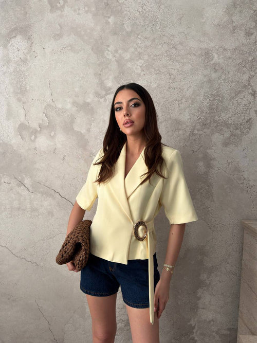 Tokalı Kısa Kollu Blazer Ceket - Sarı