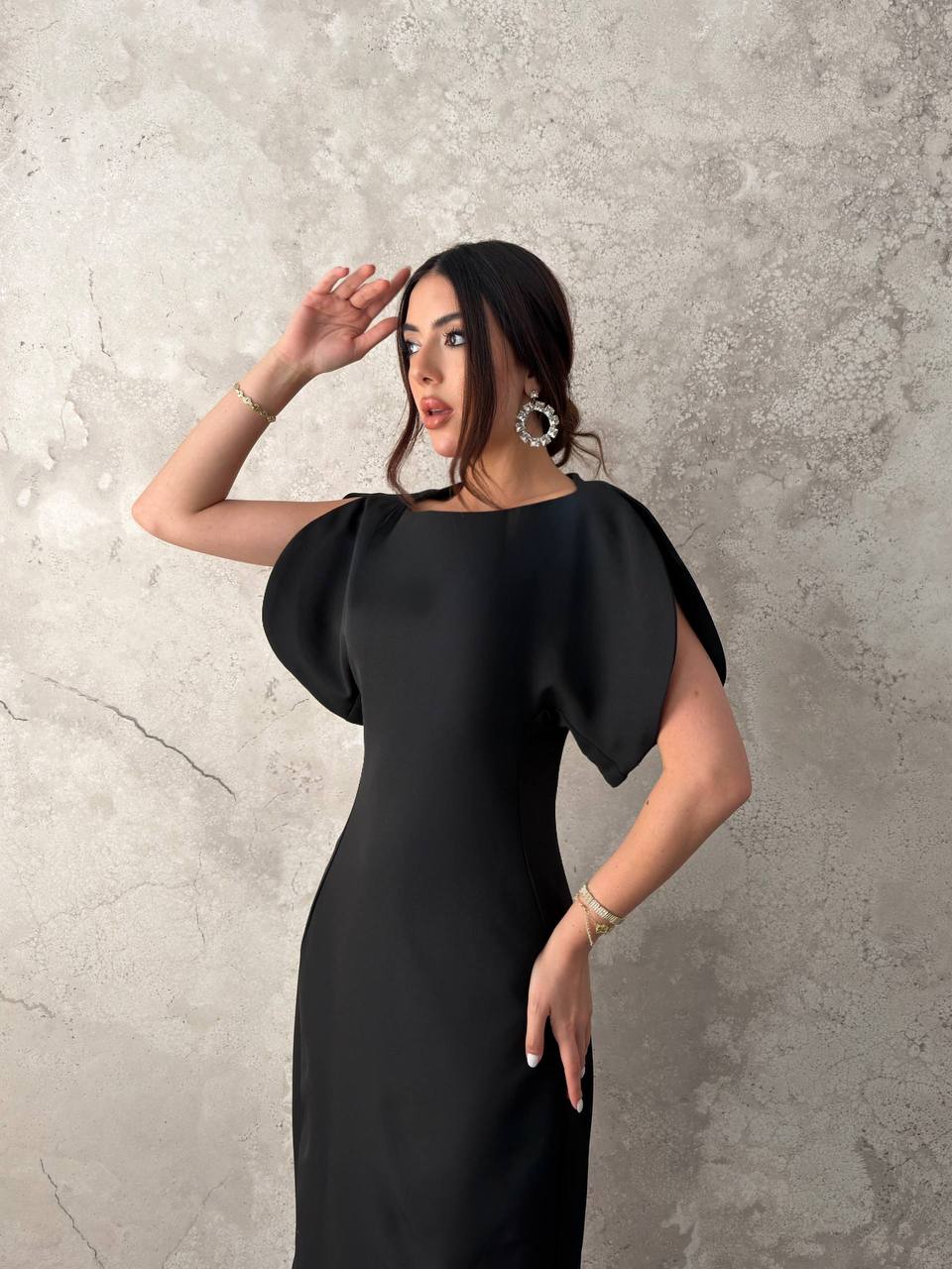Kayık Yaka Balon Kollu Midi Elbise - Siyah