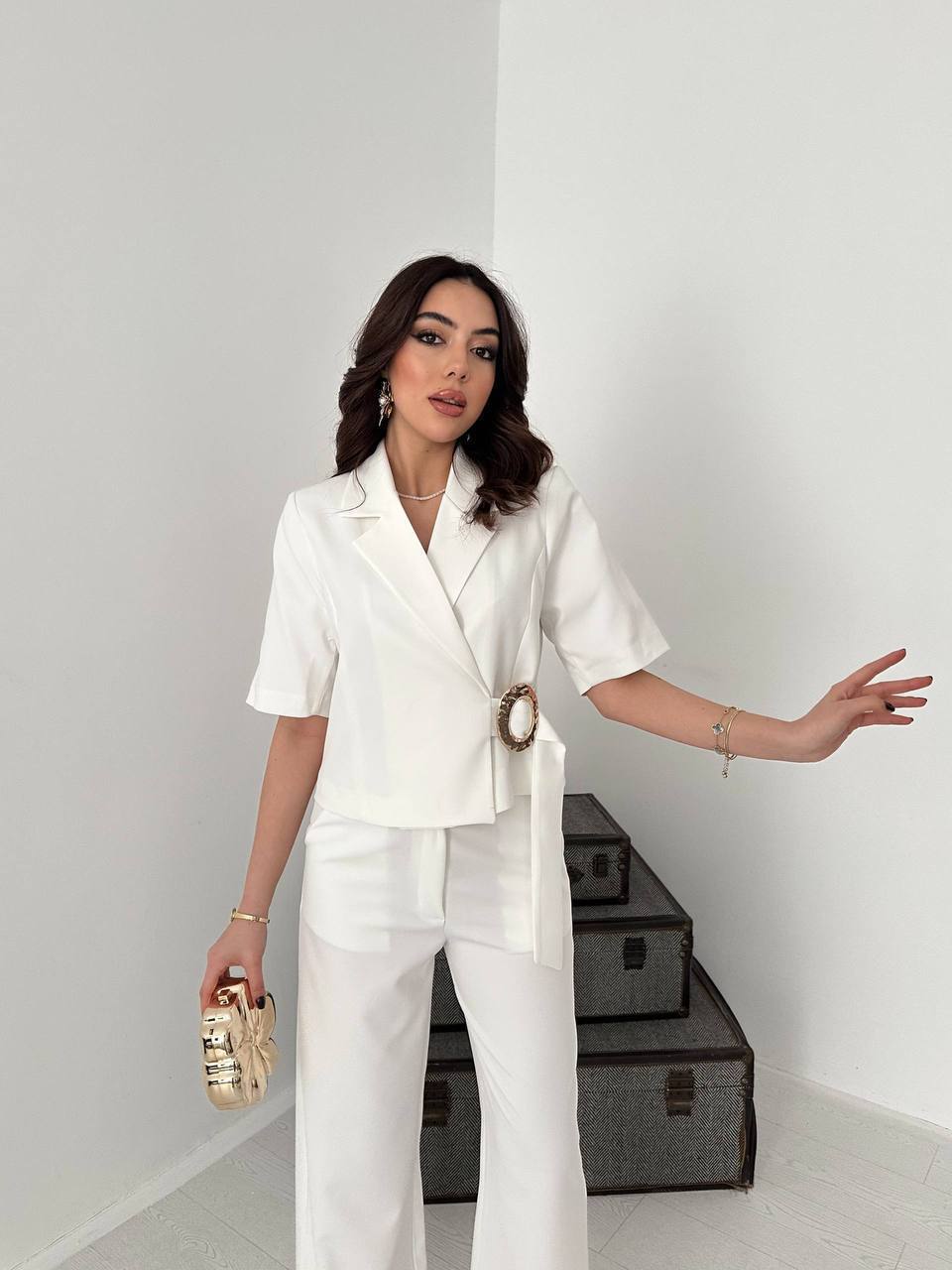 Tokalı Blazer ve Palazzo Pantolon Takımı - Ekru