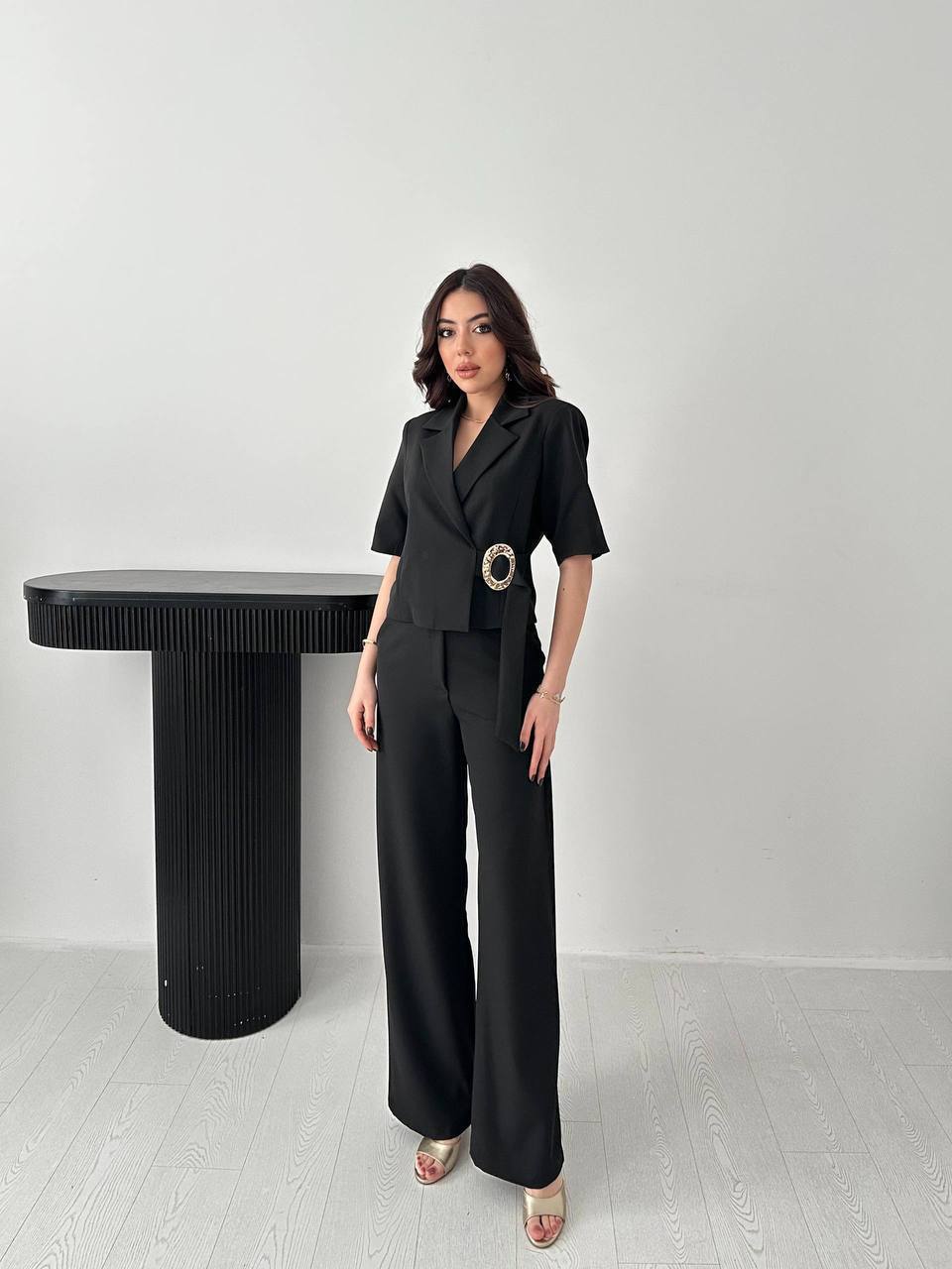 Tokalı Blazer ve Palazzo Pantolon Takımı - Siyah