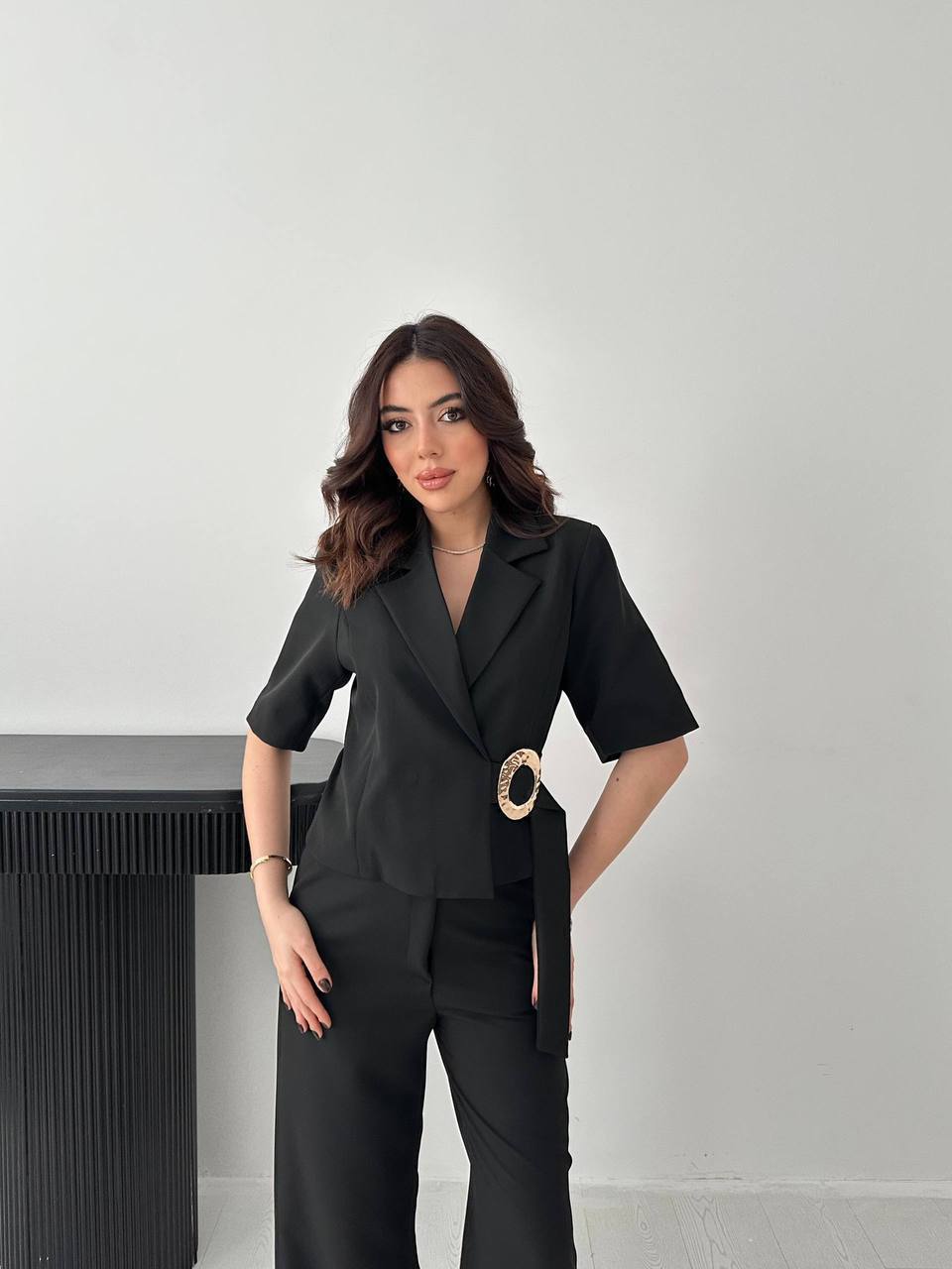 Tokalı Blazer ve Palazzo Pantolon Takımı - Siyah
