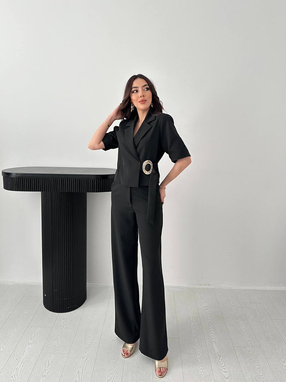 Tokalı Blazer ve Palazzo Pantolon Takımı - Siyah