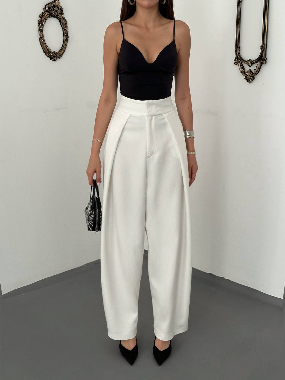 Pileli Bol Paça Pantolon - Ekru