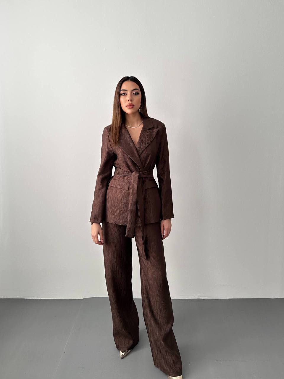 Kuşaklı Blazer ve Palazzo Pantolon Takımı - Kahverengi