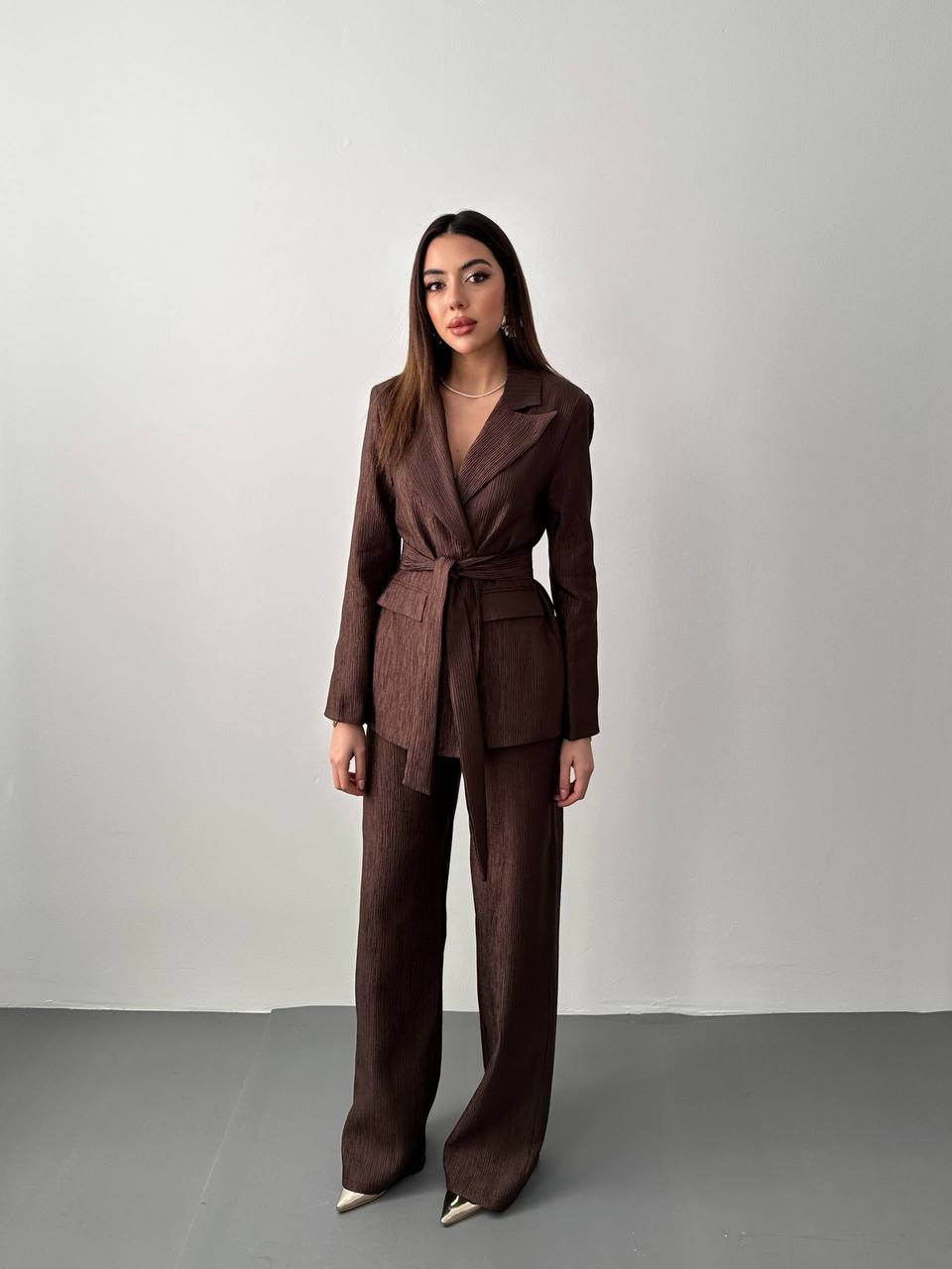 Kuşaklı Blazer ve Palazzo Pantolon Takımı - Kahverengi