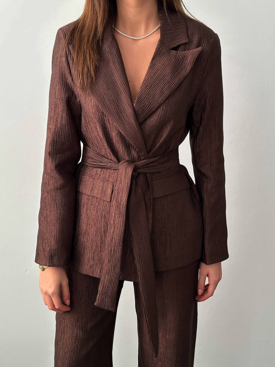 Kuşaklı Blazer ve Palazzo Pantolon Takımı - Kahverengi