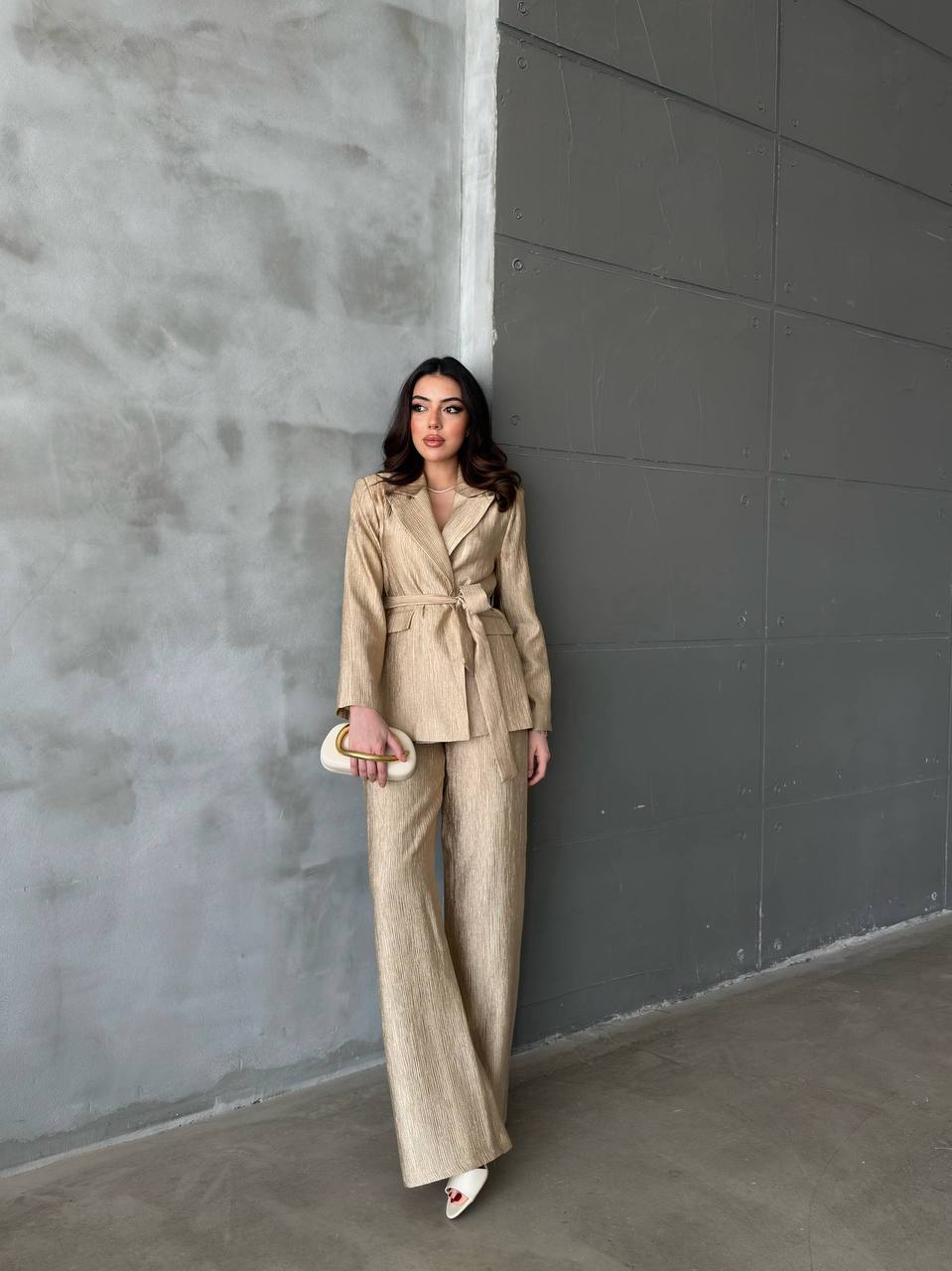 Kuşaklı Blazer ve Palazzo Pantolon Takımı - Gold