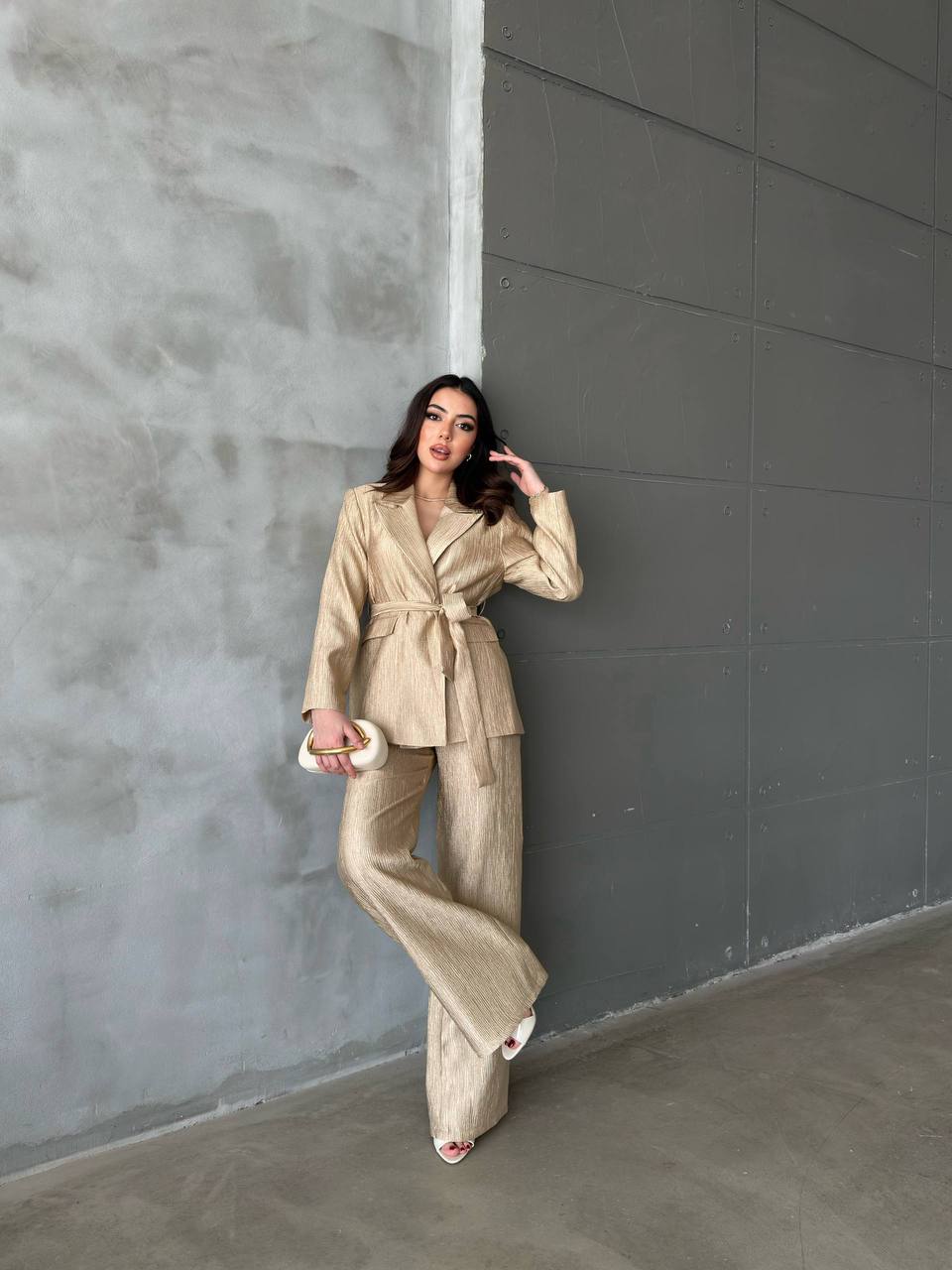Kuşaklı Blazer ve Palazzo Pantolon Takımı - Gold