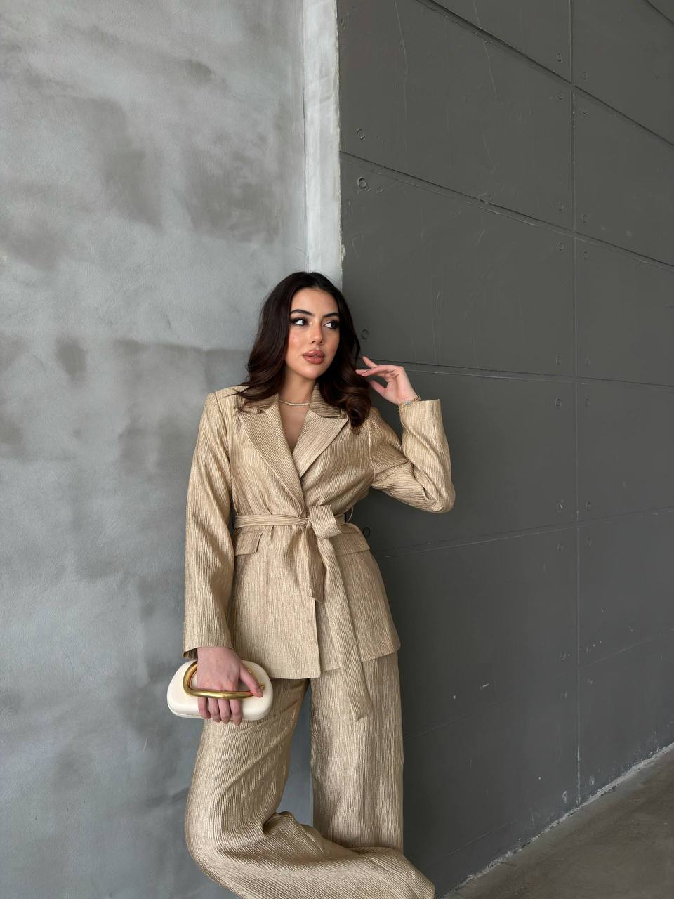 Kuşaklı Blazer ve Palazzo Pantolon Takımı - Gold