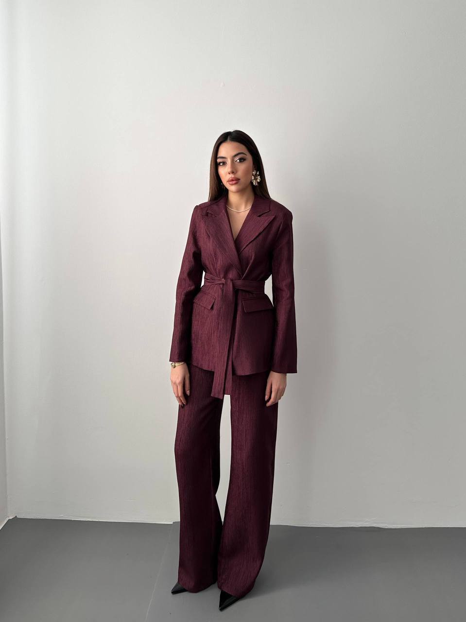 Kuşaklı Blazer ve Palazzo Pantolon Takımı - Mürdüm