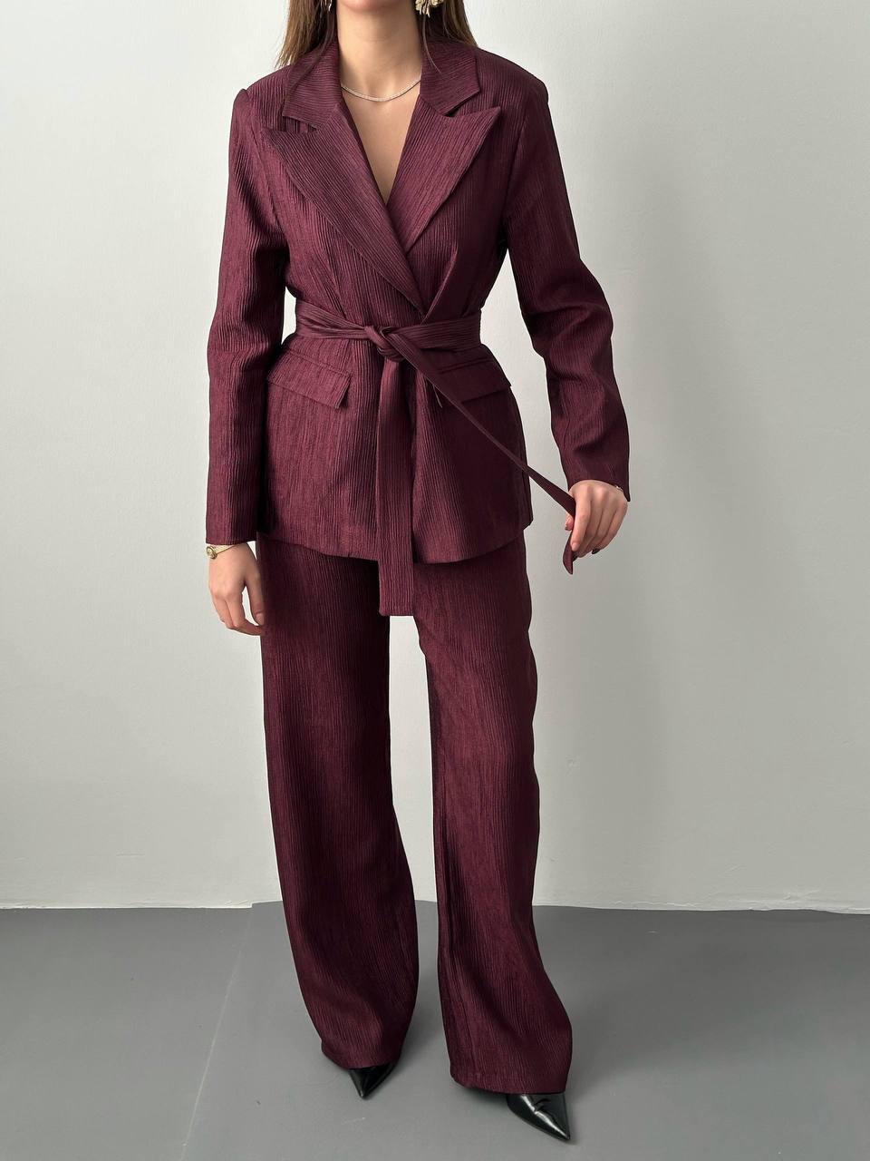 Kuşaklı Blazer ve Palazzo Pantolon Takımı - Mürdüm