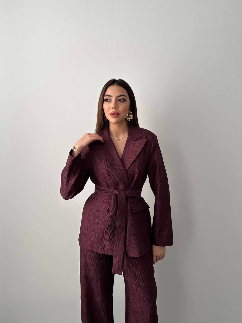 Kuşaklı Blazer ve Palazzo Pantolon Takımı - Mürdüm