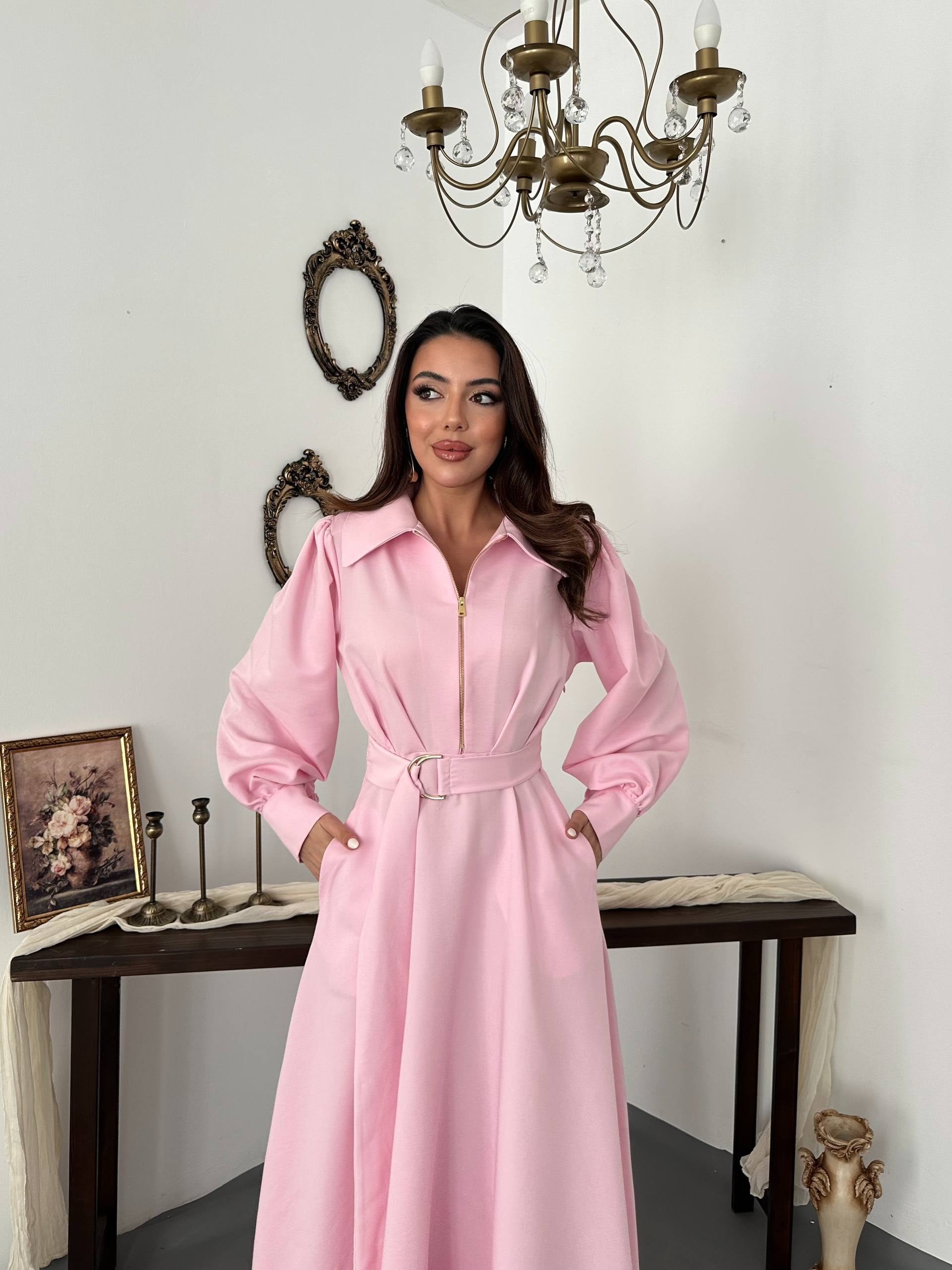 Fermuar Detaylı Kemerli Gömlek Elbise - Pembe